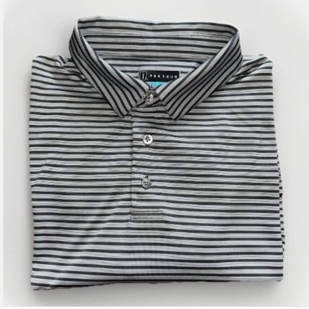 PGA Tour Black White Striped Golf Polo Shirt Men's Size Large Polyester Wicking